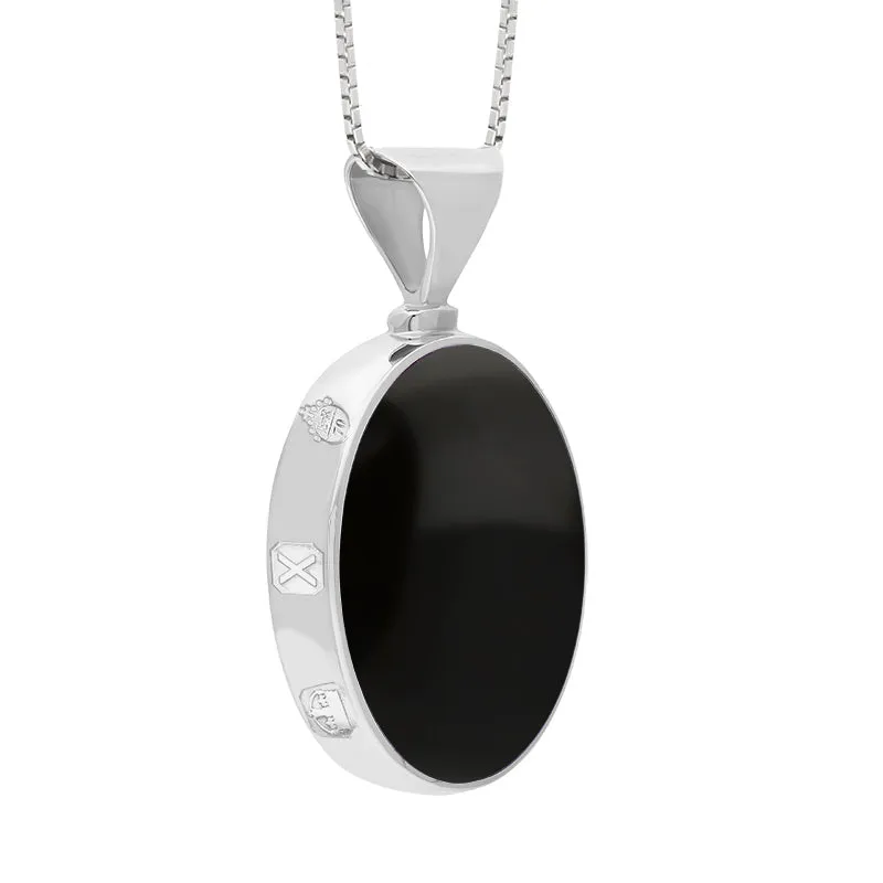 18ct White Gold Whitby Jet Mother of Pearl Queens Jubilee Hallmark Double Sided Oval Necklace D