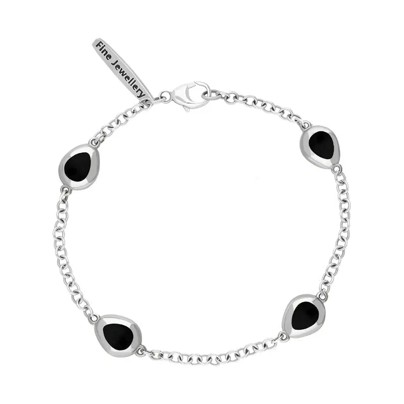 18ct White Gold Whitby Jet Oval Fleur De Lis Detail Four Stone Bracelet