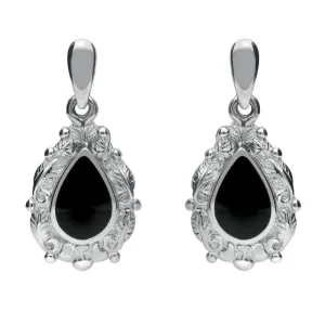 18ct White Gold Whitby Jet Pear Shaped Leaf Drop Earrings