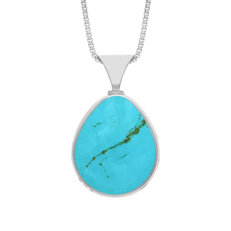 18ct White Gold Whitby Jet Turquoise King's Coronation Hallmark Double Sided Pear-shaped Necklace D