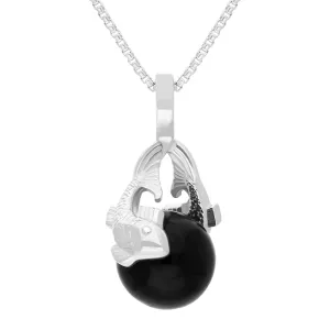 18ct White Gold Whitby Jet Zodiac Pisces 8mm Bead Pendant