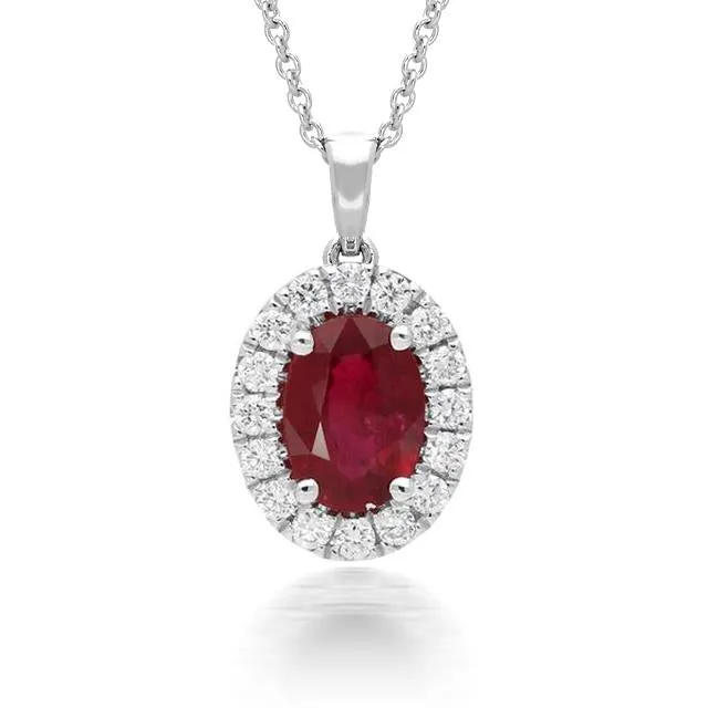 18ct White Gold1.02ct Ruby Diamond Oval Cluster Necklace