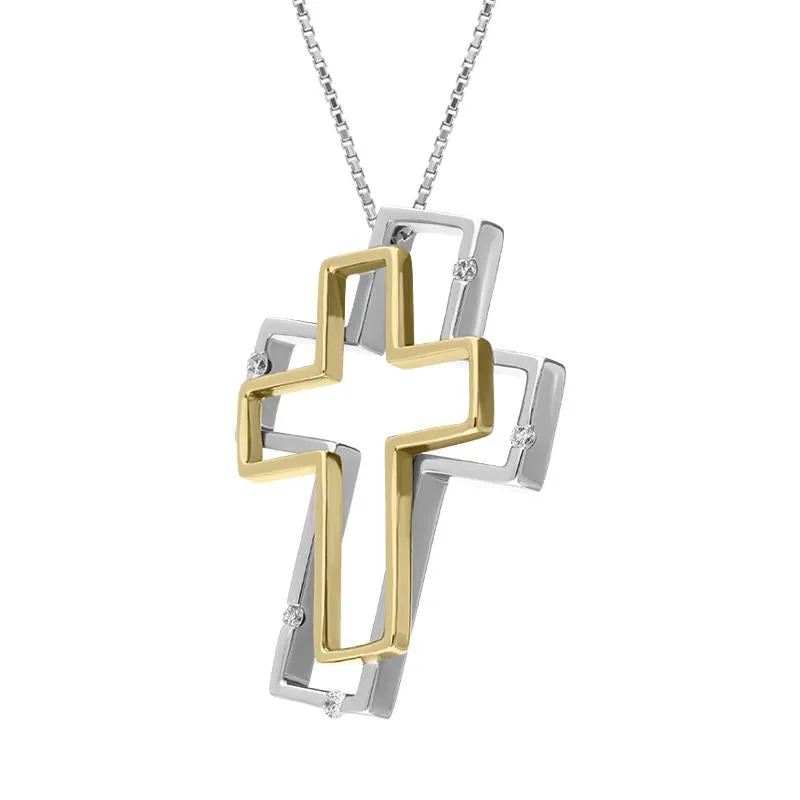 18ct White Yellow Gold Diamond Double Cross Necklace D