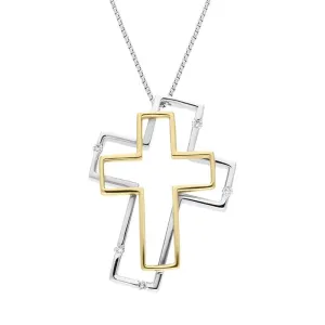 18ct White Yellow Gold Diamond Double Cross Necklace D