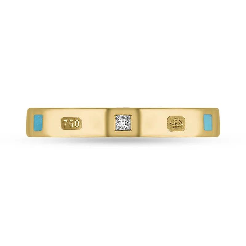 18ct Yellow Gold 0.05ct Diamond Turquoise King's Coronation Hallmark Princess Cut 3mm Ring D