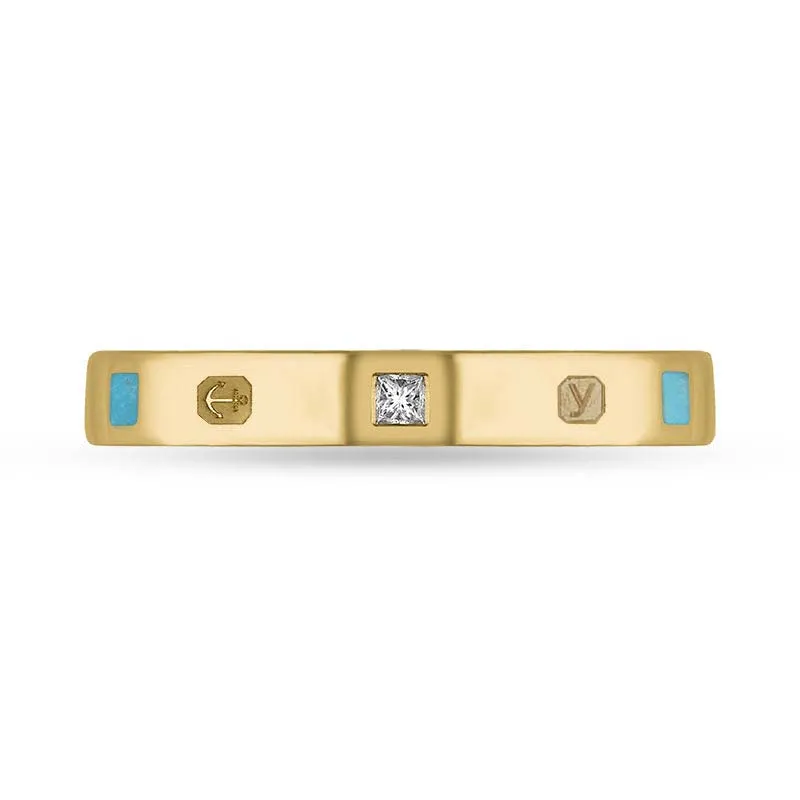 18ct Yellow Gold 0.05ct Diamond Turquoise King's Coronation Hallmark Princess Cut 3mm Ring D