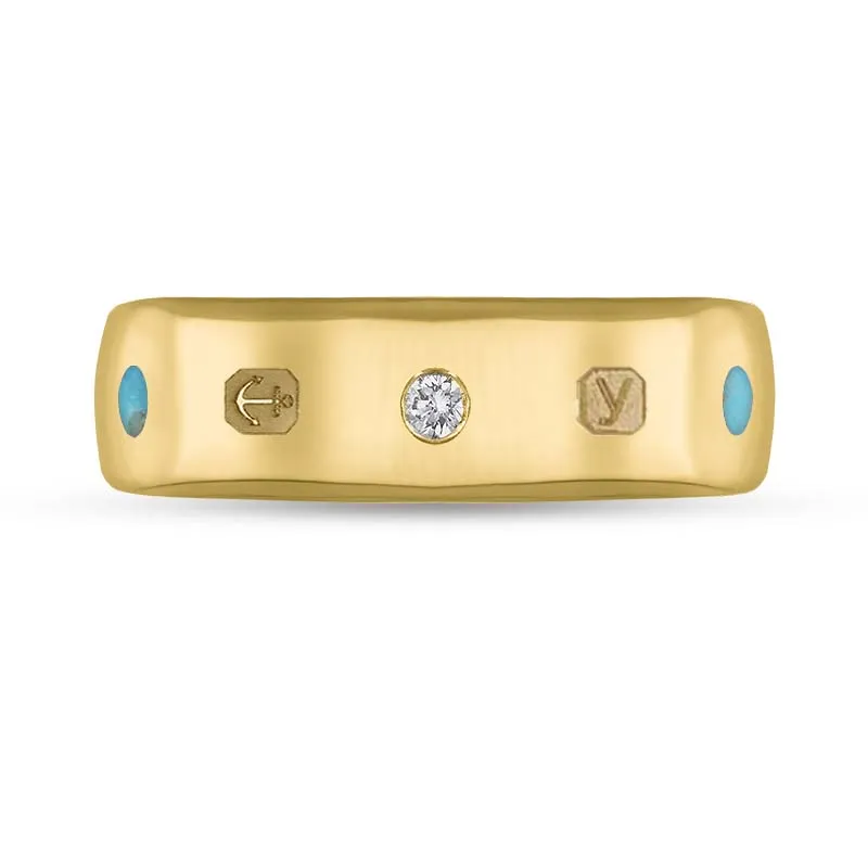 18ct Yellow Gold 0.09ct Diamond Turquoise King's Coronation Hallmark 6mm Ring D