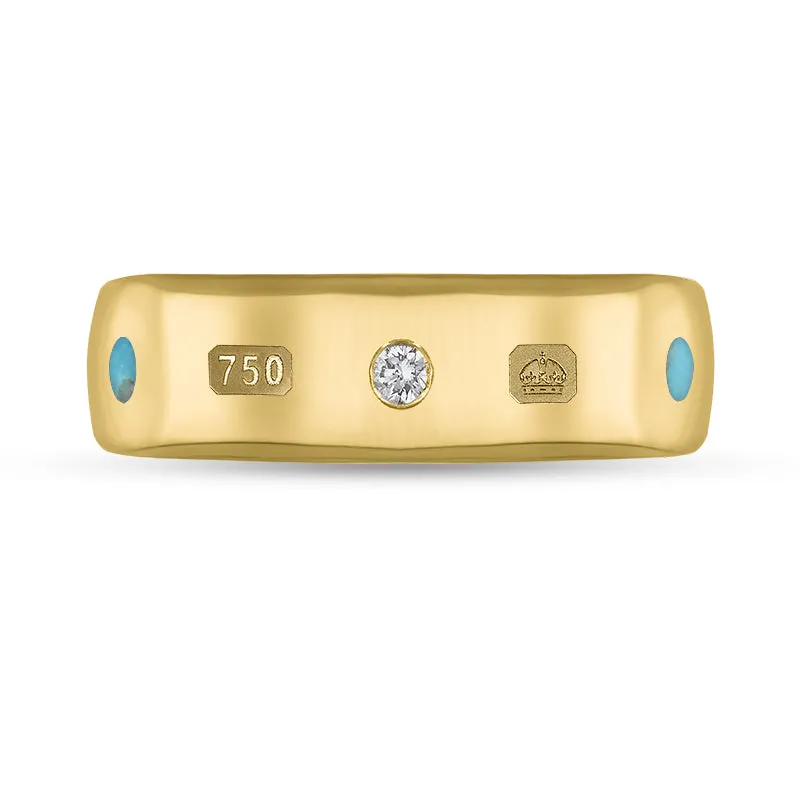 18ct Yellow Gold 0.09ct Diamond Turquoise King's Coronation Hallmark 6mm Ring D