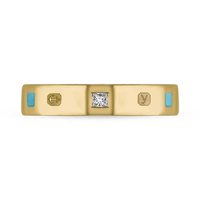 18ct Yellow Gold 0.09ct Diamond Turquoise King's Coronation Hallmark Princess Cut 4mm Ring D