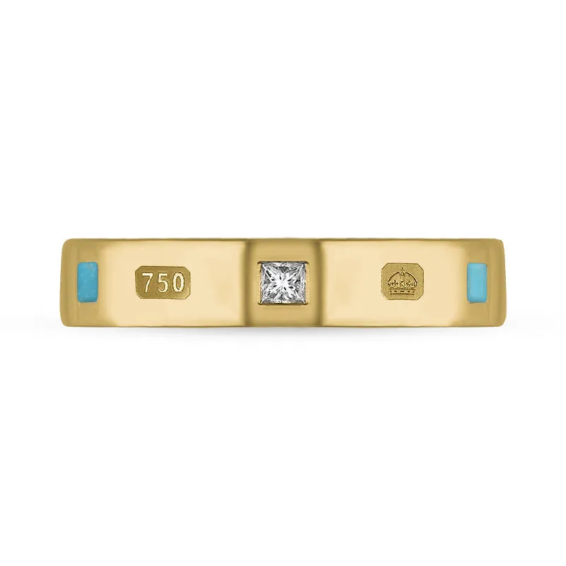 18ct Yellow Gold 0.09ct Diamond Turquoise King's Coronation Hallmark Princess Cut 4mm Ring D