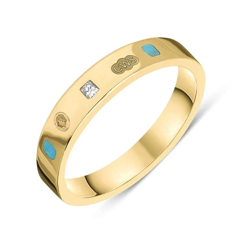 18ct Yellow Gold 0.09ct Diamond Turquoise King's Coronation Hallmark Princess Cut 4mm Ring D