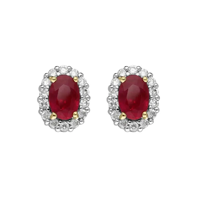 18ct Yellow Gold 0.95ct Ruby Diamond Oval Cluster Earrings