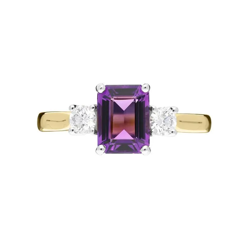 18ct Yellow Gold 1.39ct Amethyst 0.29ct Diamond Emerald Cut Ring