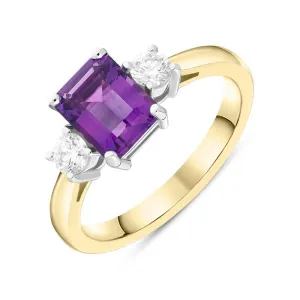 18ct Yellow Gold 1.39ct Amethyst 0.29ct Diamond Emerald Cut Ring