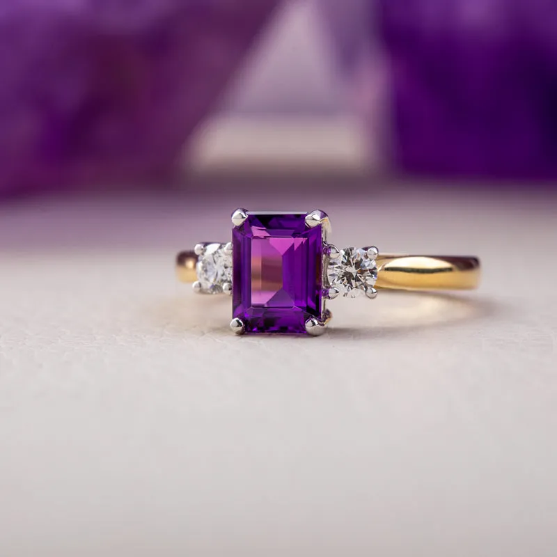18ct Yellow Gold 1.39ct Amethyst 0.29ct Diamond Emerald Cut Ring