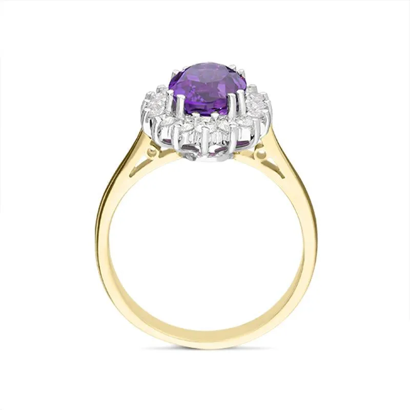 18ct Yellow Gold 1.90ct Amethyst Diamond Oval Cluster Ring