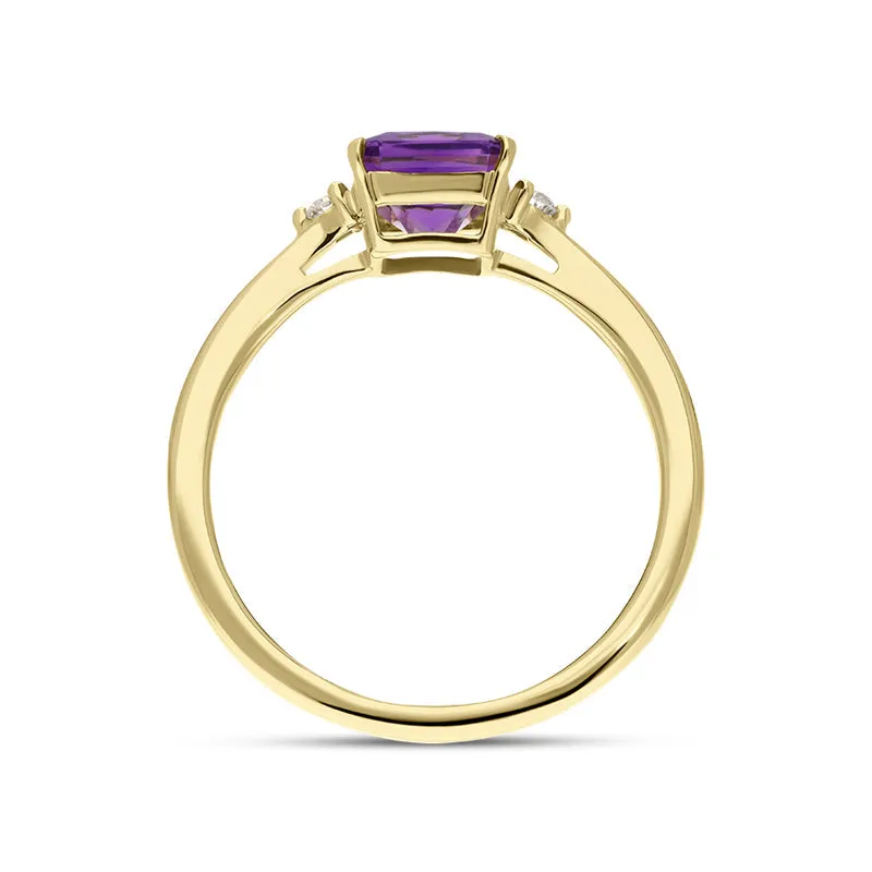 18ct Yellow Gold Amethyst Diamond Emerald Cut Three Stone Ring