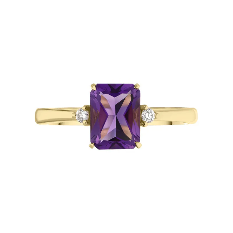 18ct Yellow Gold Amethyst Diamond Emerald Cut Three Stone Ring