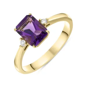 18ct Yellow Gold Amethyst Diamond Emerald Cut Three Stone Ring