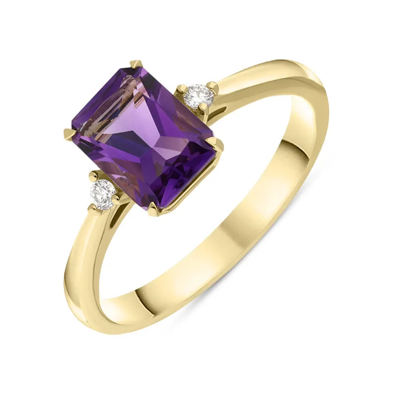 18ct Yellow Gold Amethyst Diamond Emerald Cut Three Stone Ring