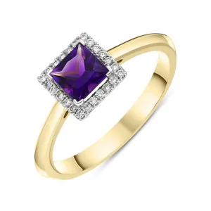 18ct Yellow Gold Amethyst Diamond Square Cut Halo Ring