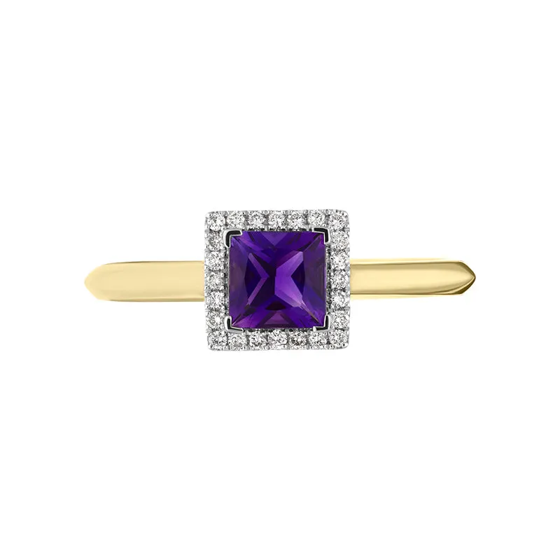18ct Yellow Gold Amethyst Diamond Square Cut Halo Ring