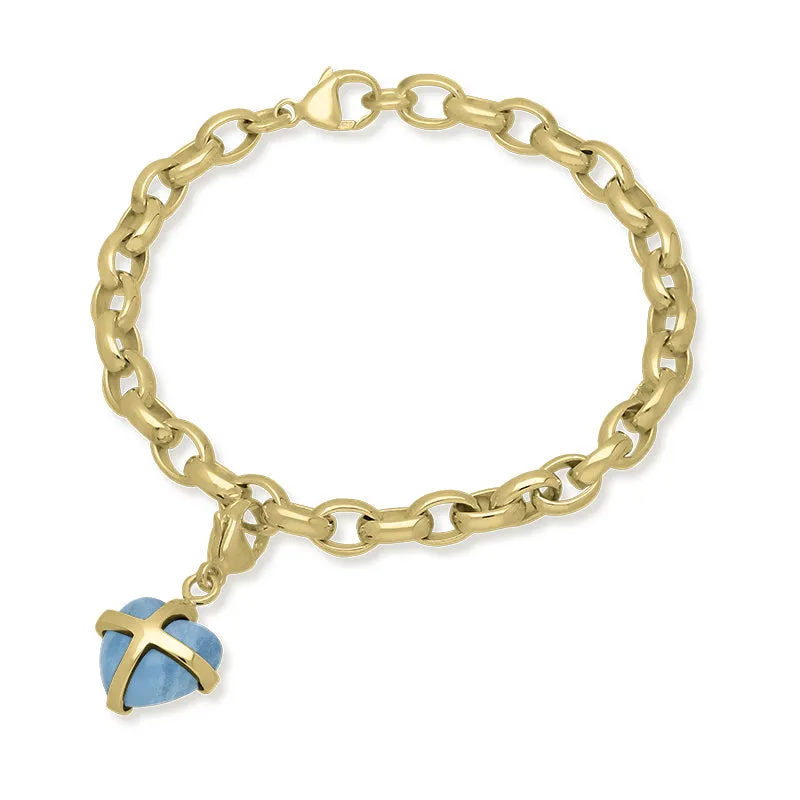 18ct Yellow Gold Aquamarine Small Cross Heart Charm Bracelet