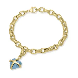 18ct Yellow Gold Aquamarine Small Cross Heart Charm Bracelet