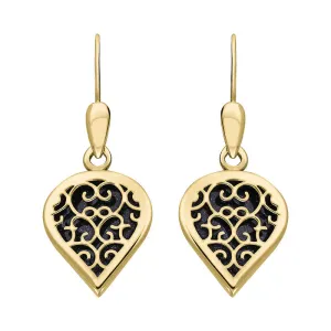 18ct Yellow Gold Blue Goldstone Flore Filigree Heart Drop Earrings