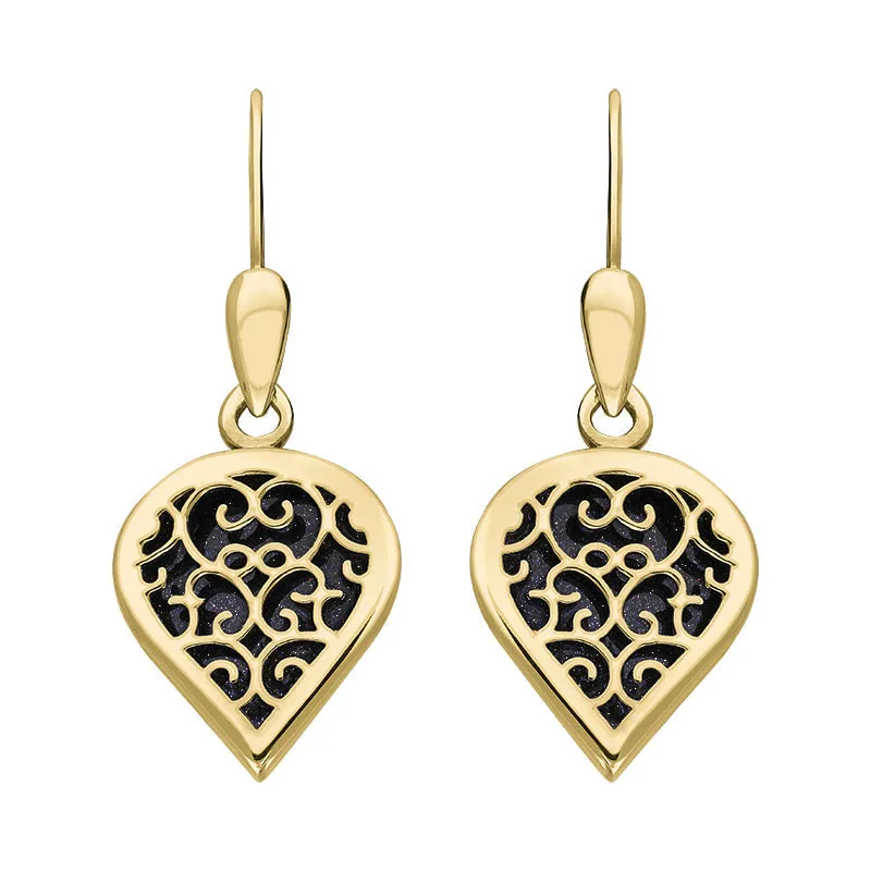 18ct Yellow Gold Blue Goldstone Flore Filigree Heart Drop Earrings