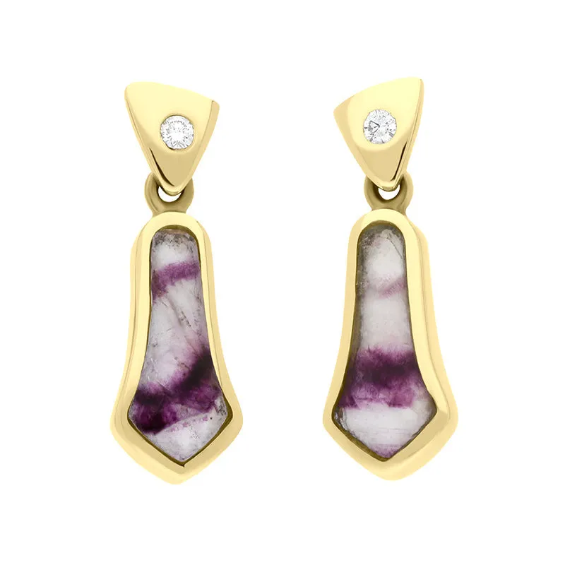 18ct Yellow Gold Blue John 0.06ct Diamond Tapered Drop Earrings D