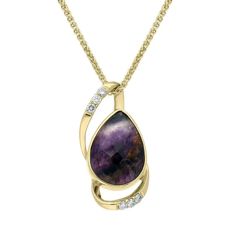 18ct Yellow Gold Blue John and 0.07ct Diamond Faceted Unique Pear Necklace