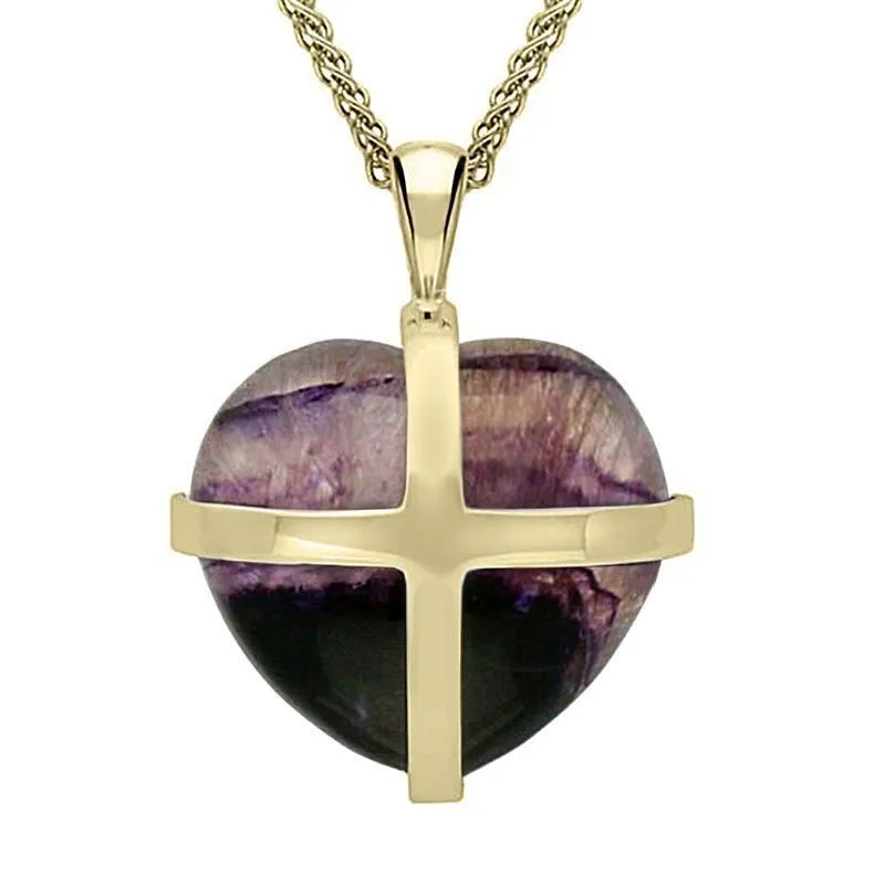 18ct Yellow Gold Blue John Large Cross Heart Necklace