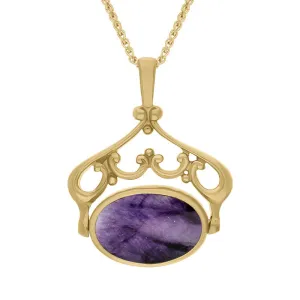 18ct Yellow Gold Blue John Mother Of Pearl Double Sided Oval Swivel Fob Necklace
