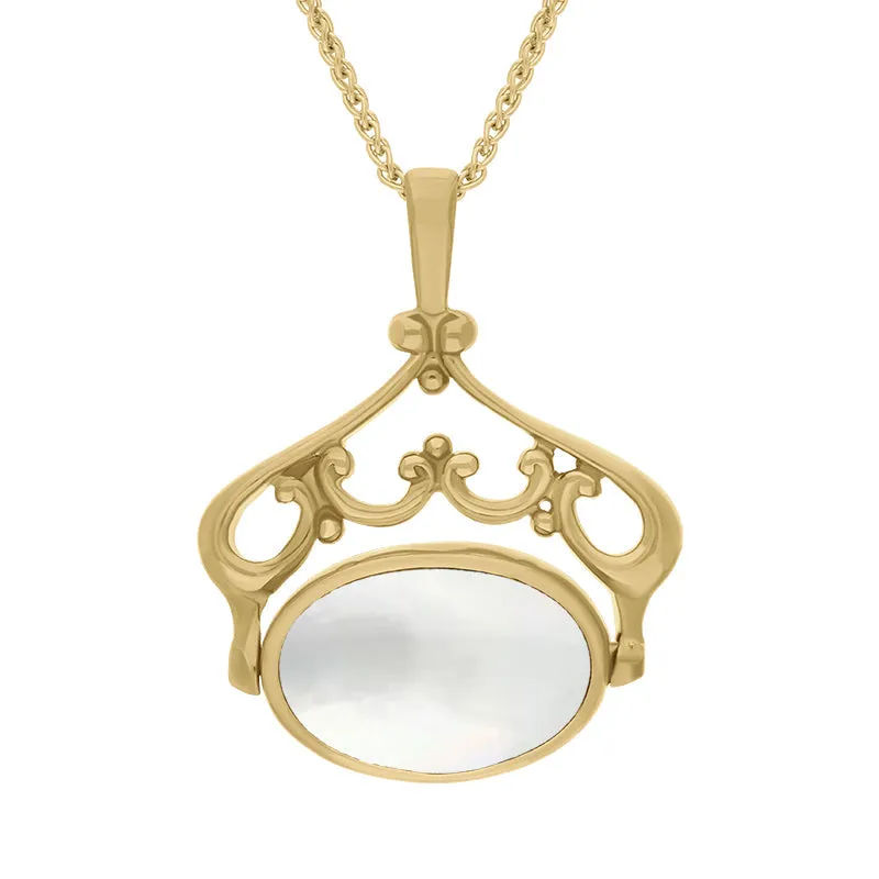 18ct Yellow Gold Blue John Mother Of Pearl Double Sided Oval Swivel Fob Necklace