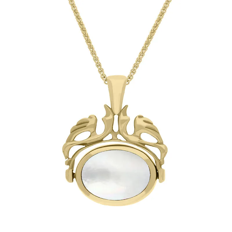 18ct Yellow Gold Blue John Mother Of Pearl Double Sided Oval Swivel Fob Necklace