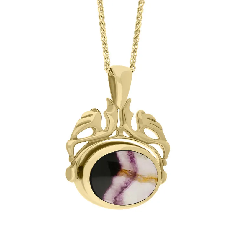 18ct Yellow Gold Blue John Mother Of Pearl Double Sided Oval Swivel Fob Necklace