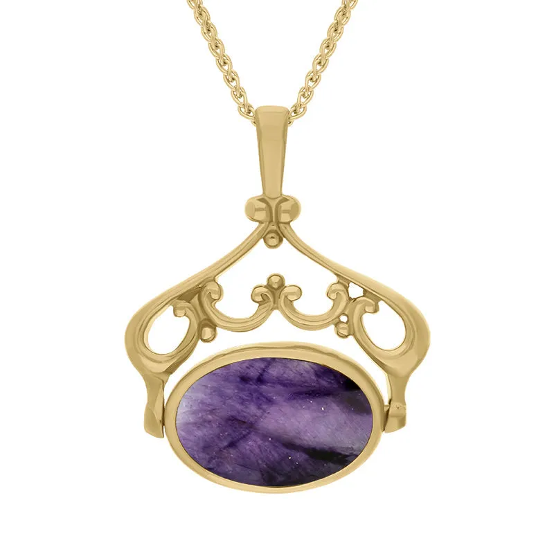 18ct Yellow Gold Blue John Mother Of Pearl Double Sided Oval Swivel Fob Necklace