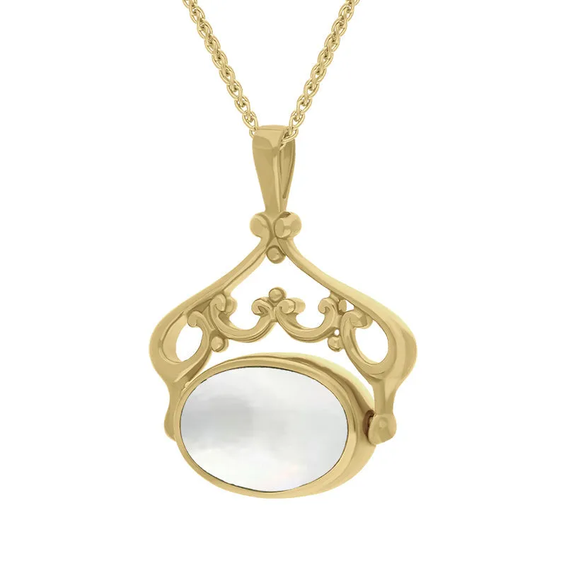 18ct Yellow Gold Blue John Mother Of Pearl Double Sided Oval Swivel Fob Necklace