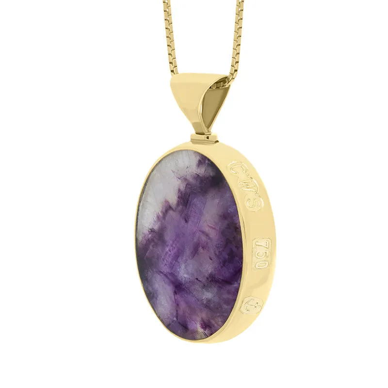18ct Yellow Gold Blue John Mother of Pearl King's Coronation Hallmark Double Sided Oval Necklace D