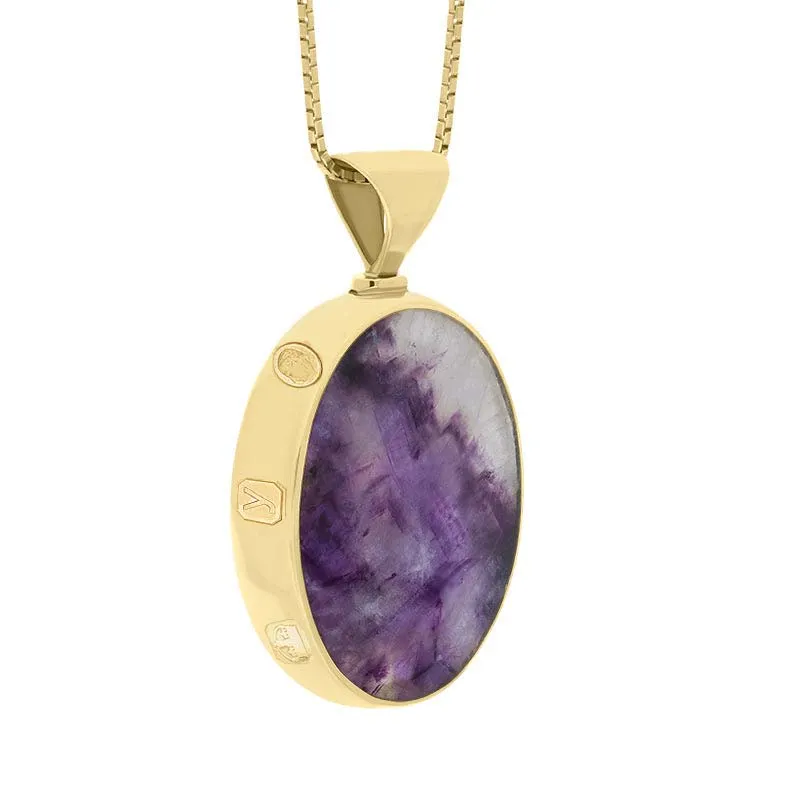 18ct Yellow Gold Blue John Mother of Pearl King's Coronation Hallmark Double Sided Oval Necklace D