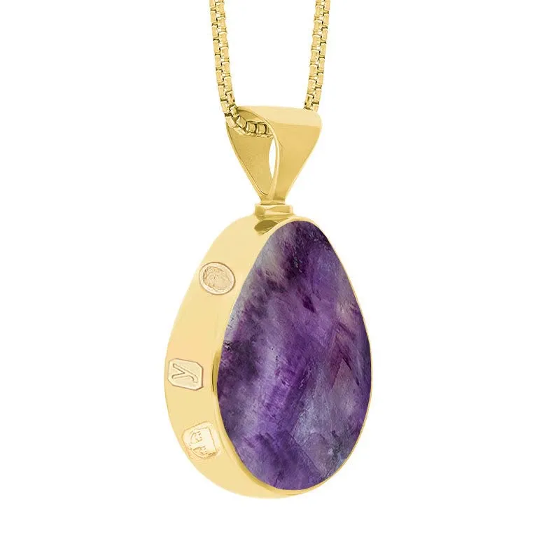 18ct Yellow Gold Blue John Mother of Pearl King's Coronation Hallmark Double Sided Pear-shaped Necklace D