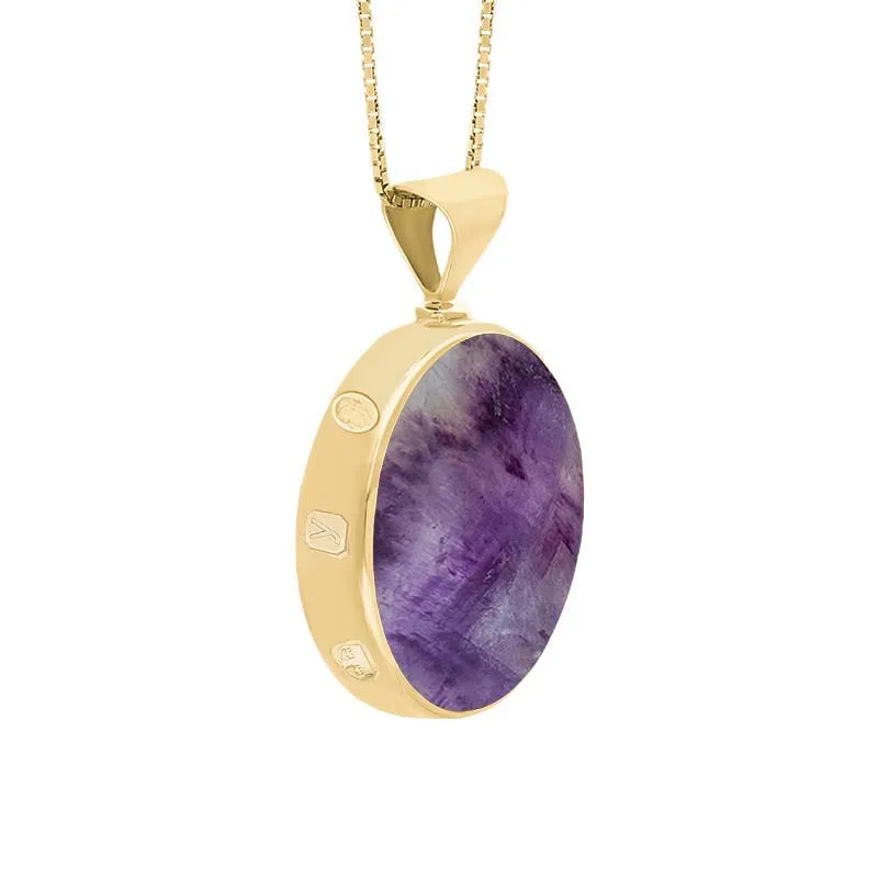 18ct Yellow Gold Blue John Mother of Pearl King's Coronation Hallmark Double Sided Round Necklace D