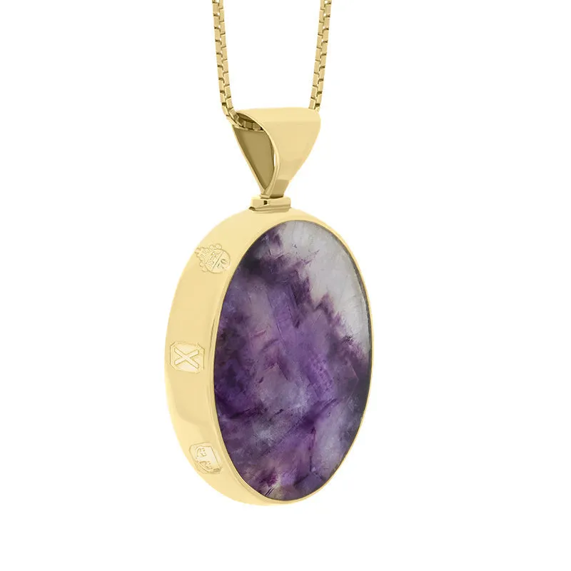 18ct Yellow Gold Blue John Mother of Pearl Queens Jubilee Hallmark Double Sided Oval Necklace D