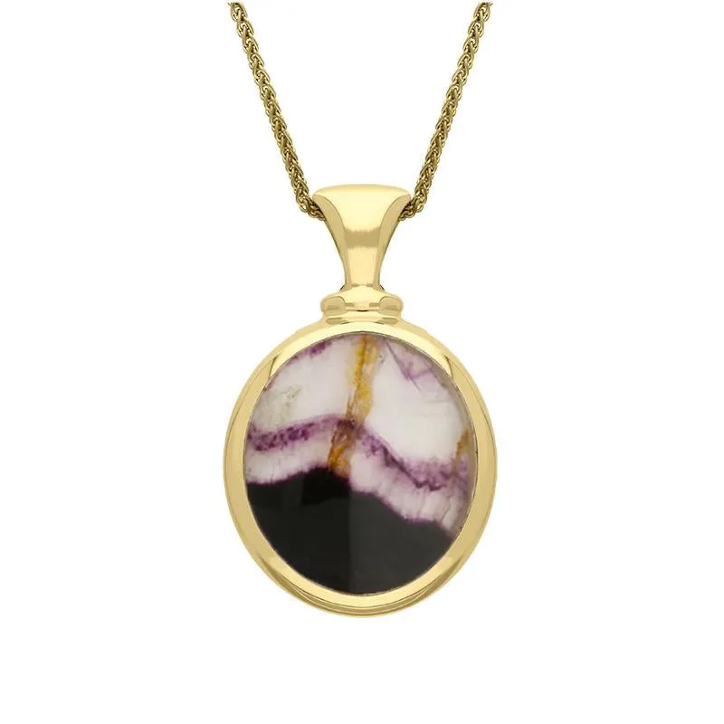 18ct Yellow Gold Blue John Mother Of Pearl Small Double Sided Oval Fob Necklace