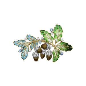 18ct Yellow Gold Diamond Aquamarine Enamel Acorn Brooch