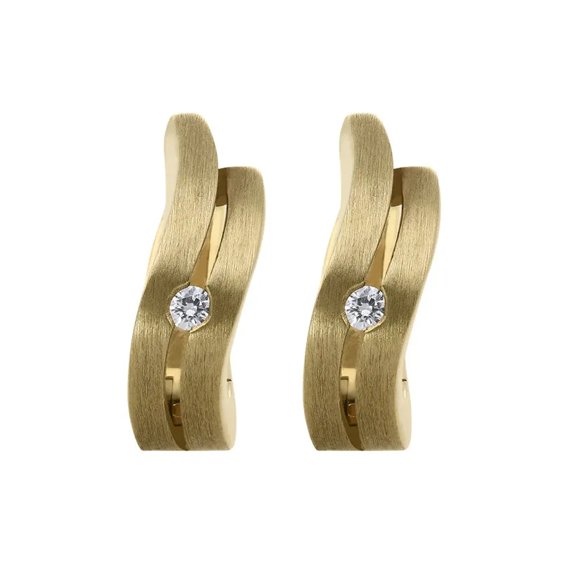 18ct Yellow Gold Diamond Curved Satin Hoop Earrings