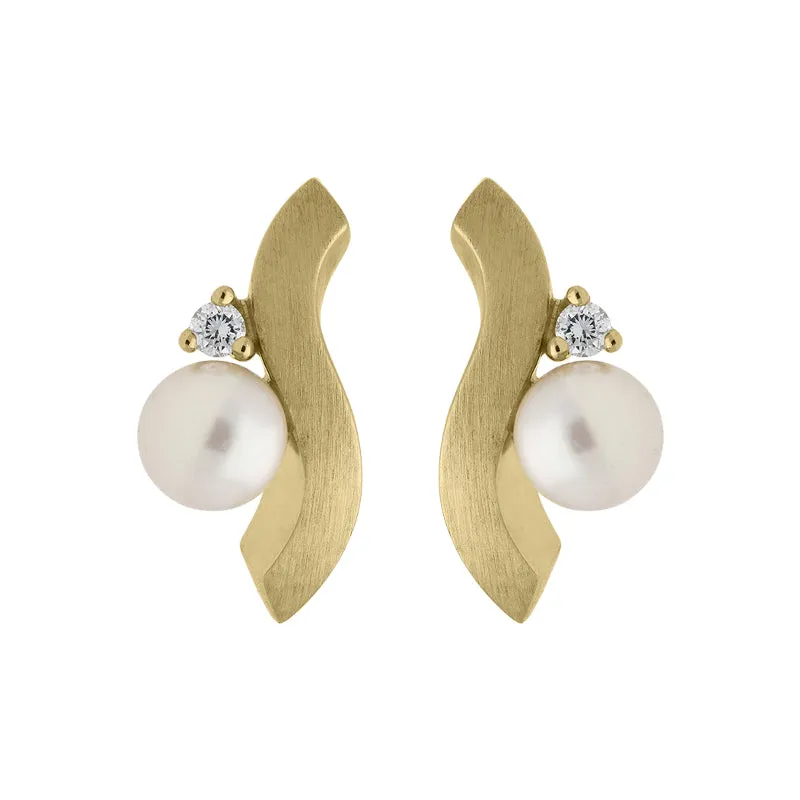 18ct Yellow Gold Diamond Pearl Wave Stud Earrings