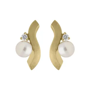 18ct Yellow Gold Diamond Pearl Wave Stud Earrings