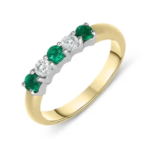18ct Yellow Gold Emerald Diamond Five Stone Half Eternity Ring